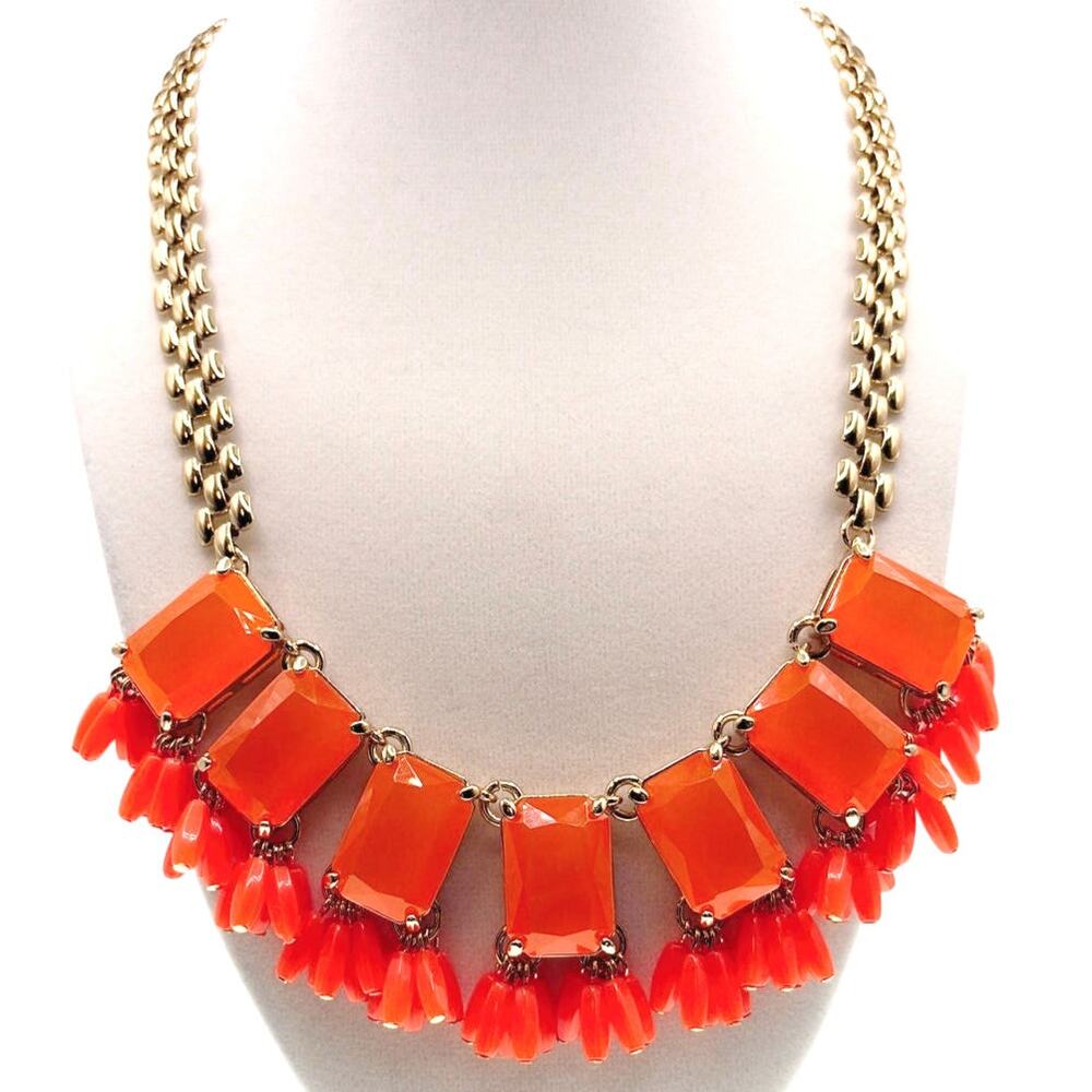 J Crew New with Tag Orange Neon Cha Cha Lucite Stones Adjustable Necklace 20”